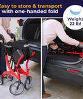 Heavy Duty Dual Function Rollator And Compact Transport Wheelchair In Vibrant Red featuring one-handed fold for easy storage.