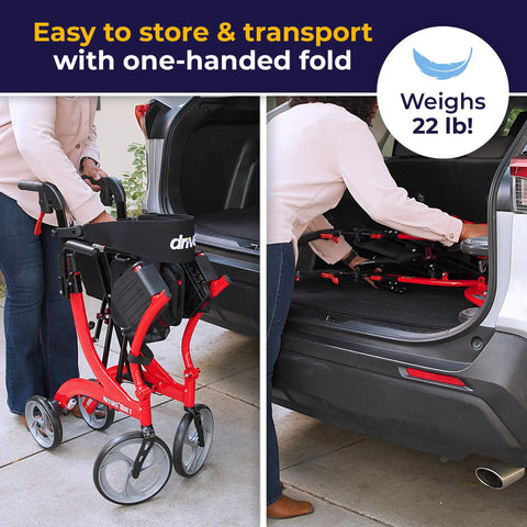 Heavy Duty Dual Function Rollator And Compact Transport Wheelchair In Vibrant Red featuring one-handed fold for easy storage.