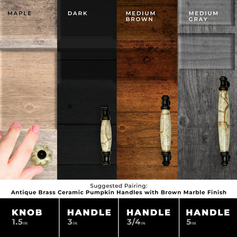 Set Of 10 Straight Up Killer Brown Marble Ceramic Drawer Pulls With Durable Antique Brass End Caps Premium Cabinet Handles For Kitchen Cupboards And Home Dressers Exact 3 3/4 Inch Hole Centers displayed on various wood backgrounds.