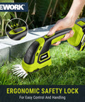 Using 21V Cordless Hedge Trimmer And Grass Shears 2 In 1 Handheld Electric Bush Trimmer on lawn edge with ergonomic safety lock