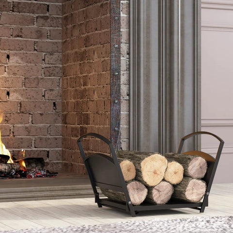 Foldable Fireplace Log Holder and Firewood Rack for Indoor Outdoor Use showcasing logs by a lit fireplace indoors