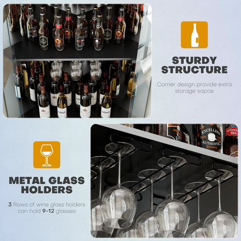 71 Inch Tall Corner Bar Cabinet With App Control And Motion Sensor LED Lighting, glass storage and liquor display features