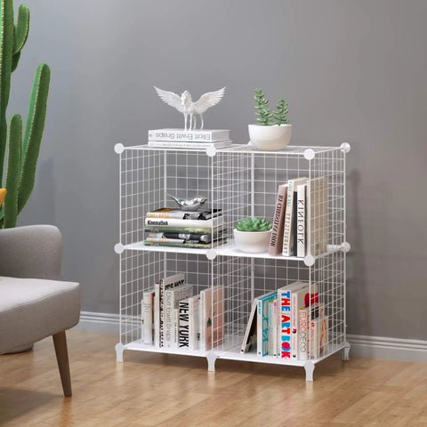 Premium Wire Cube Storage Organizer for home and garage, four cube shelving unit holding books and plants, heavy duty wire.