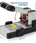 Heavy Duty Two Hole Paper Punch For 100 Sheets Of Paper With Hollow Core Technology And Samurai Steel Heads shown with dimensions.