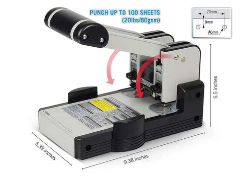 Heavy Duty Two Hole Paper Punch For 100 Sheets Of Paper With Hollow Core Technology And Samurai Steel Heads shown with dimensions.