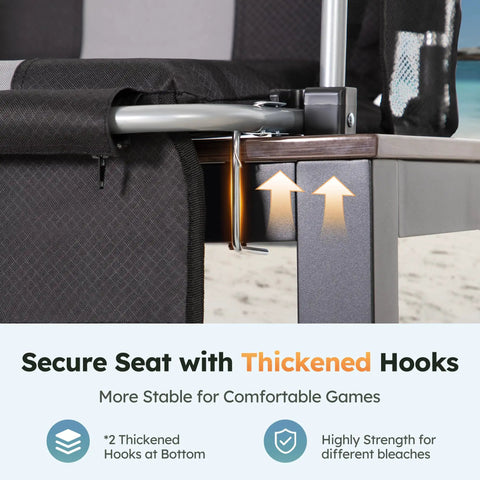 Close-up of Two Pack Folding Stadium Seats With Cushions, Bleacher Chairs With Cup Holder and mesh bag showing secure hooks.