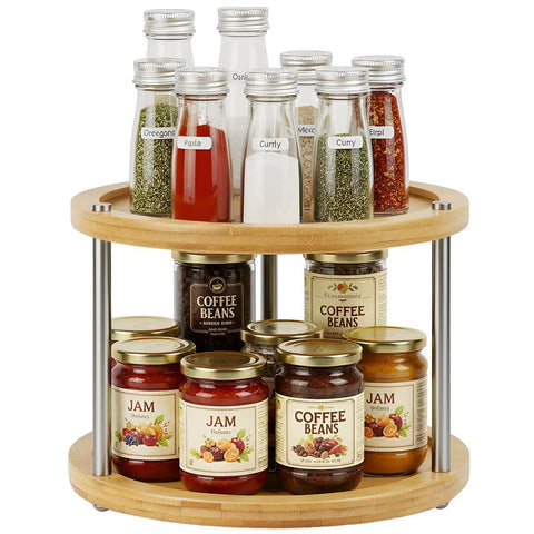 Two Tier Lazy Susan Organizer Revolving Turntable For Cabinets And Countertops 10 Inch Wood Spice Rack holding spices and jars