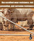 Heavy Duty Fence Gate Wheel With Wrench Tightened U Bolt And Effortless Adjustment System For Yard Or Ranch Projects rust-resistant galvanized steel mounted on a fence near sheep.