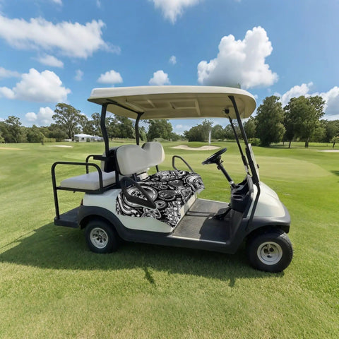 Two Seater Golf Cart Seat Cover And Towel Microfiber Absorbent Breathable Bench Seat Protector With Vintage Engine Print For Golf Course 51x31 Inches Car Style Comfort For All Seasons fitted on a golf cart