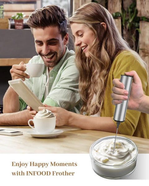 Rechargeable Milk Frother With USB, Portable Handheld Whisk For Latte, Cappuccino, Hot Chocolate And More in use with coffee