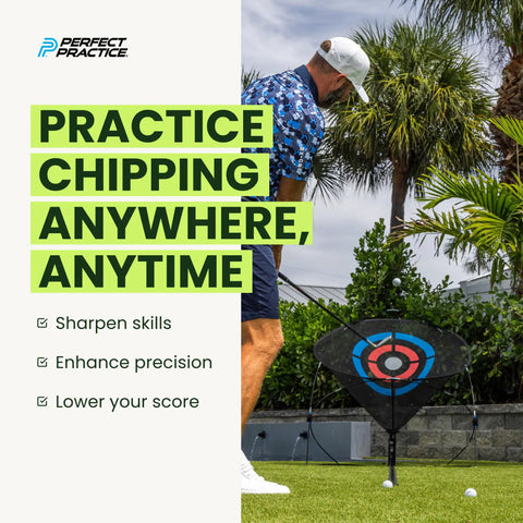 Golfer using Ultimate Golf Chipping Net And Mat System For Portable Indoor Practice With Automatic Ball Return And Realistic Turf Surface