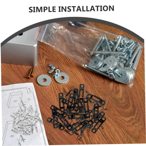 30 Piece Hidden Furniture Connectors Toolless Cabinet Joint Brackets showing assorted fasteners and installation guide on a wooden surface.