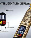 Cordless Hair Clippers For Men With Led Display showing battery status and time available for use, detailed design with dragon motif.