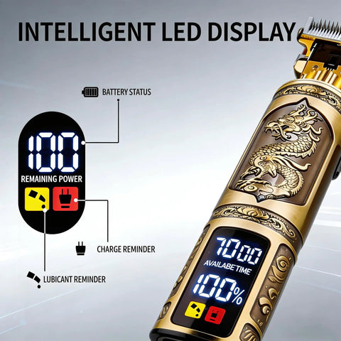 Cordless Hair Clippers For Men With Led Display showing battery status and time available for use, detailed design with dragon motif.