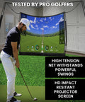 Golfer using Backyard Golf Practice Net 11x8 Feet With Impact Screen And Target Cloth for indoor simulation practice