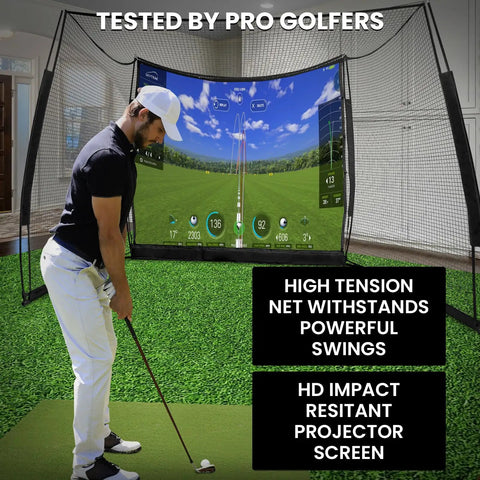 Golfer using Backyard Golf Practice Net 11x8 Feet With Impact Screen And Target Cloth for indoor simulation practice