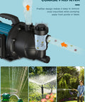 1.5HP Grab And Go Portable Garden Booster Pump With Prefilter, showing water flow through coarse prefilter setup for irrigation