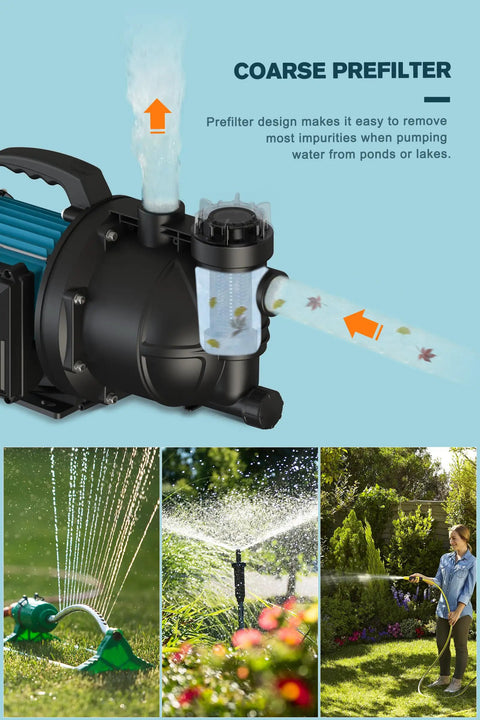 1.5HP Grab And Go Portable Garden Booster Pump With Prefilter, showing water flow through coarse prefilter setup for irrigation