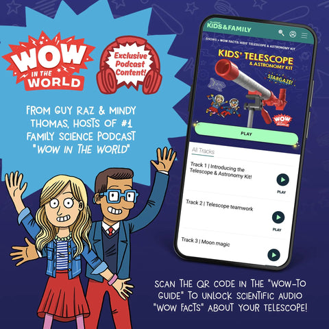 Illustration of kids with phone displaying audio content for Kid Friendly Telescope And Astronomy Kit With 25X And 50X Magnification.