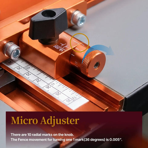 Essential Router Table Upgrade Kit Featuring Micro Adjustable Aluminum Fence With Dual Bearing Guide Rails close-up of micro adjuster knob.