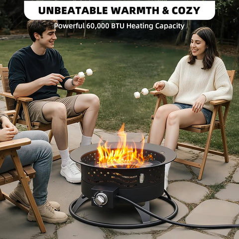 Friends enjoying marshmallows around Smokeless 24 Inch Portable Propane Fire Pit With Grill Grate And Lid 60 000 BTU Outdoor Firepit