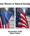 Heavy Duty 3x5 Ft American Flag For Porch Or Yard Made In USA FMAA Certified UV Resistant 210D Outdoor Nylon With Embroidered Stars Sewn Stripes Brass Grommets Reinforced Fly End For High Wind Outdoor Displays in natural sunlight
