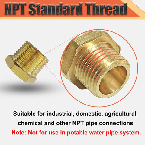 Brass NPT reducer bushing, 3/4 in MNPT to 1/4 in FNPT, hex pipe fitting, Amazon brand