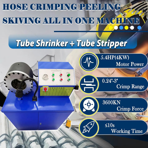 Heavy Duty Electric Hydraulic Hose Crimping Machine Featuring Twelve Crimping And Ten Skiving Dies For High Pressure Tubing One Quarter To Three Inch Sizes 220 Volt Three Phase Works Like A Charm, showing blue machine with hose crimping function.