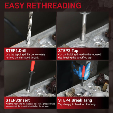 Steps to use 3/8-16 Helicoil Thread Repair Kit With HSS Drill Bit, Thread Inserts, Installation Tool, Break-Off Tool, Precision Tap
