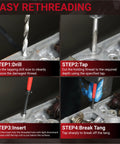 1/4-20 Helicoil Thread Repair Kit With HSS Drill Bit And Thread Inserts showing steps to drill, tap, insert, and break tang.