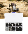 Beefed Up Stainless Steel RC Car Screws Kit With 361 Pieces Durable Hardware Set For One Eighth And One Tenth Scale RC Cars, Replacement Screws And Tools, Compatible With Traxxas And Axial Builds, Built To Take Real Rough Use, open RC screw organizer with black and silver fasteners