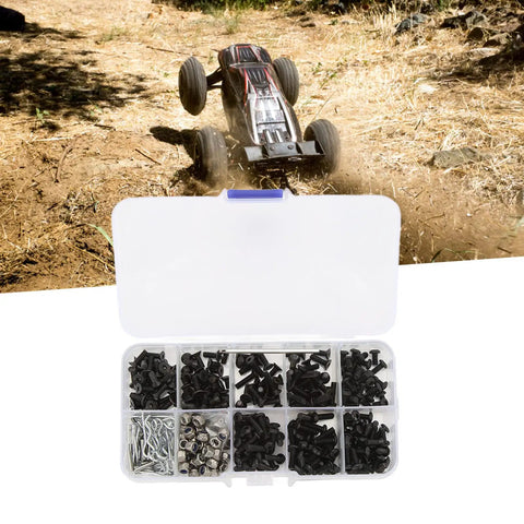 Beefed Up Stainless Steel RC Car Screws Kit With 361 Pieces Durable Hardware Set For One Eighth And One Tenth Scale RC Cars, Replacement Screws And Tools, Compatible With Traxxas And Axial Builds, Built To Take Real Rough Use, open RC screw organizer with black and silver fasteners