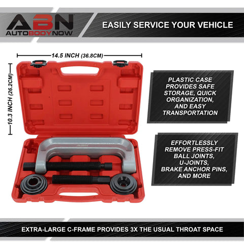 Heavy Duty Ball Joint Press Kit and Wheel Bearing Tool Set for Auto Suspension with red carry case and metal tools.