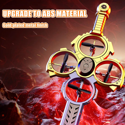 Upgraded Flying Sword RC Drone With Colorful LED Lights Gesture And Smartwatch Control 3 Speed Modes Stunt Drone For Kids And Adults Lit Night Flight Light Show In Gold Finish with ABS Material.