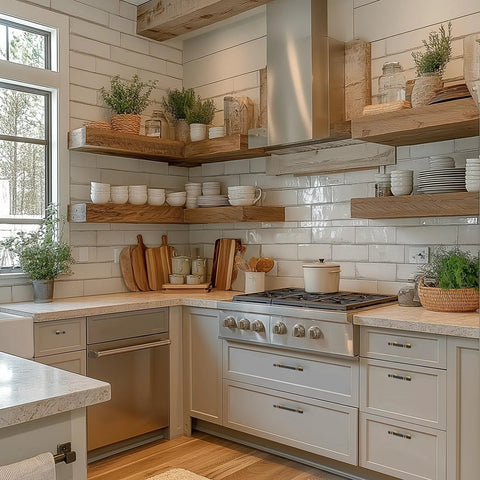 Modern kitchen with black and gold cabinet pulls 30 pack with 3 inch hole center square handles on white cabinets, wood shelves.