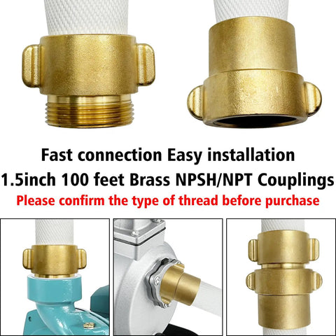 Heavy Duty Lay Flat Fire Hose 1.5 Inch By 100 Feet White Backwash And Discharge Hose With Brass NPSH NPT Connectors