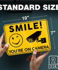 Smile Youre On Camera Signs 10x7 Outdoor Aluminum Notice Signs Single Sided Two Pack for home garage, 10x7 size shown