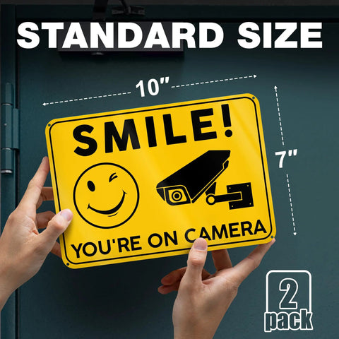 Smile Youre On Camera Signs 10x7 Outdoor Aluminum Notice Signs Single Sided Two Pack for home garage, 10x7 size shown