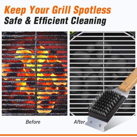 Before and after grill cleaning, wooden handle grill brush and scraper with stainless steel head for heavy grease cleanup.