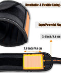 Open and rolled view of wrist strap with super powerful magnets, labeled dimensions 3.4x3.8 inches, breathable lining and padding.