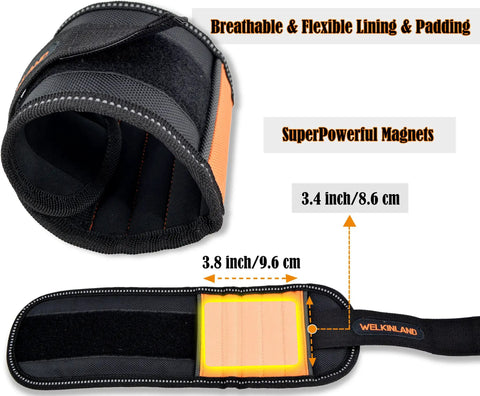 Open and rolled view of wrist strap with super powerful magnets, labeled dimensions 3.4x3.8 inches, breathable lining and padding.