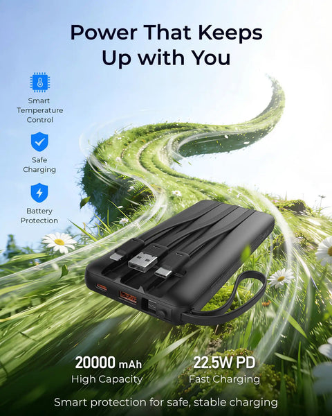 Total Game Changer Portable Charger With Four Built In Cables And Massive Twenty Thousand Mah Fast Charging Power Bank For Phones Tablets And Laptops, showing sleek design and ports.