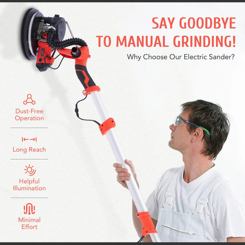 Person using 800W Electric Drywall Sander With Vacuum Attachment and Lights for ceiling refinishing.