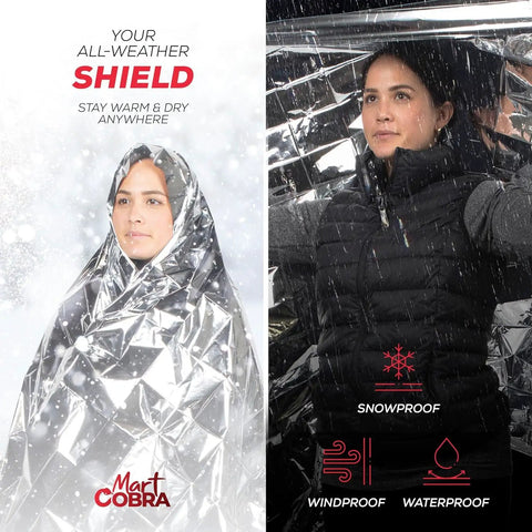 4 Pack Space Mylar Blankets For Survival Gear And Cold Weather Warmth featuring a person using a thermal blanket in snow.