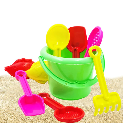 Six Pack Beach Day Playsets For Kids Includes Sand Buckets Shovels Rakes Sifter Scoops Dolphin And Fish Sand Trays on sand