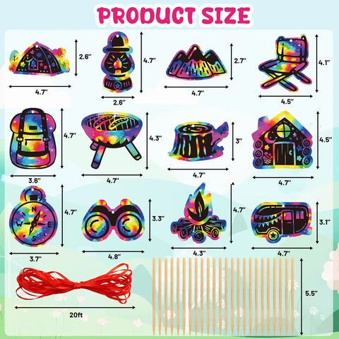 Camping Scratch Card Kit 24 Pack For Outdoor Parties 12 Unique Designs Revealing Rainbow Colors with wooden sticks and red string