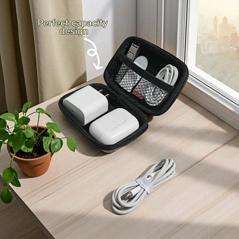 Road Ready Hard Shell Tech Organizer Case With Water Repellent Coating And Shock Absorbing Build Designed For Packing Cables Chargers Earphones Usb Stubs And Sd Cards Without Any Hassle On Daily Commutes open with chargers and cables inside