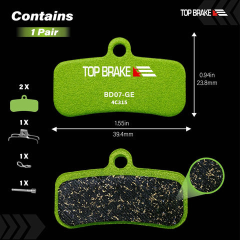 Front view of Graphene Compound Mountain Bike Disc Brake Pads For Shimano and TRP, pack of 2, in green color with dimensions.