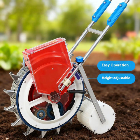 Manual Seed Planter Tool For Garden And Farm Portable Push Seeder With Seed Wheel And Spare Spring in use on soil