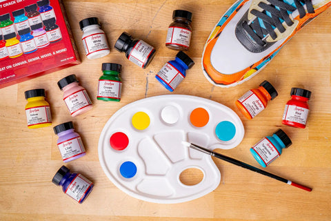 12 Color Acrylic Leather Paint Kit For Shoes Kicks Sneakers Leather Canvas And Furniture Flexible Blendable Colors 1 Oz Tubes DIY Color Crafting Set Bundle with palette and sneaker